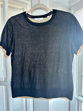 Vince Double Layer Raglan Short Sleeve Sweater Black & Beige size Large